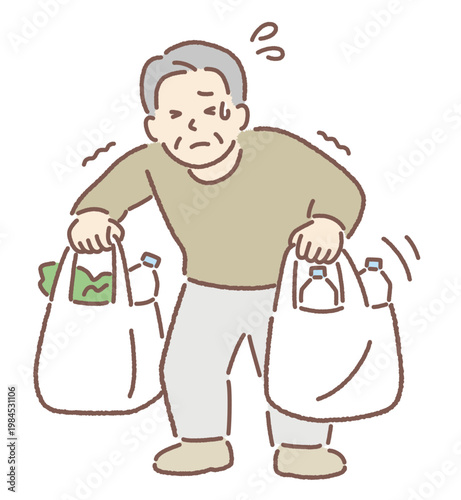 荷物が多くて大変なシニア男性イラスト｜買い物シーン・生活の負担表現