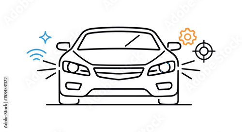 Automotive technology and intelligent lighting systems in vehicles, a front view of a car with symmetrical headlights and subtle light rays indicating illumination and