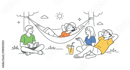A leisure and vacation moment where individuals enjoy quiet downtime in a simple outdoor setting, depicted through a clean scene with a hammock combined with a small sun