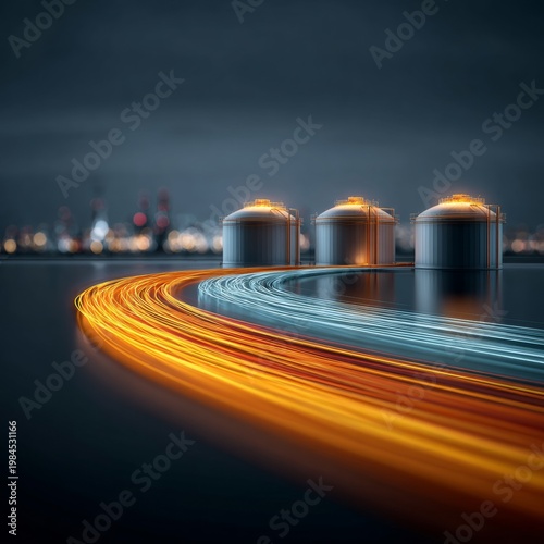 Embracing energy: towering tanks for a sustainable future. Digital signals. Five majestic lng tanks in a state-of-the-art storage facility. Digital communication. Connected devices.