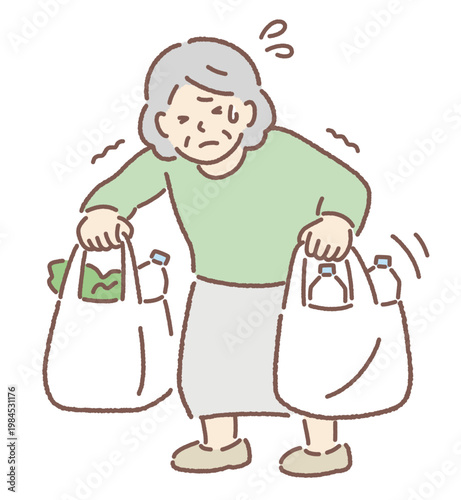 重たい荷物を持つシニア女性イラスト｜買い物帰りの負担・日常生活シーン