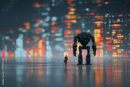 Ai dominance: a new era of employment shifts. Neon displays. Subtle changes in lighting: the robot and its flick - a metaphor for ai. Ai visuals. Digital analytics.