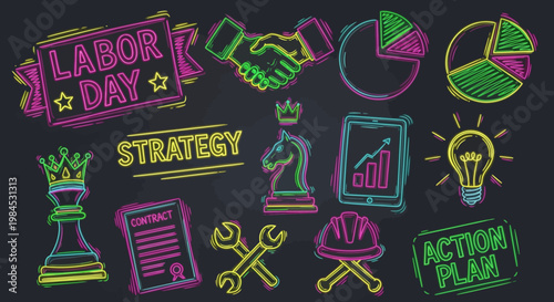 Labor Day Strategy Icons Business, Chess, and Planning Tools for Success