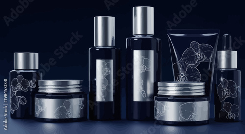 Luxury skincare products and cosmetics elegantly arranged on a dark background with floral accents