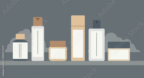 A serene collection of minimalist, flat design personal care product bottles and jars displayed on a shelf, perfect for beauty and wellness concepts