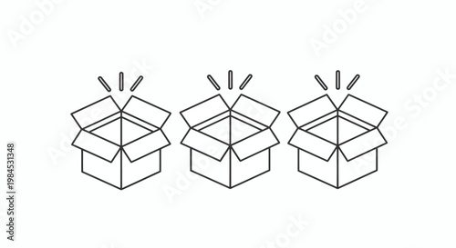 Three open cardboard boxes with light rays, symbolizing discovery, surprise, new opportunities, unboxing, product reveal, and fresh starts in business endeavors