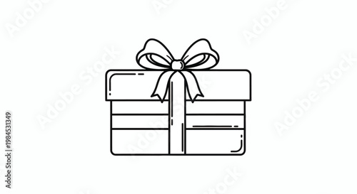 Gift box with ribbon and bow, representing celebration, surprise, and special occasions, elegantly drawn in black and white outline style