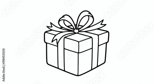 Elegant Black and White Outline Icon of a Festive Gift Box with a Decorative Ribbon Bow, Perfect for Celebration, Holiday, and Special Occasion Designs