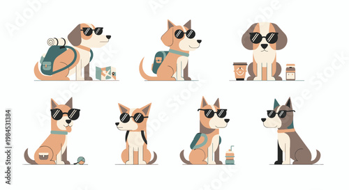 Cute dogs wearing sunglasses enjoying a summer vacation with backpacks and travel accessories