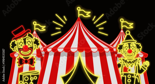 Vibrant Neon Circus Extravaganza with Illuminated Tents and Joyful Clowns Digital Illustration