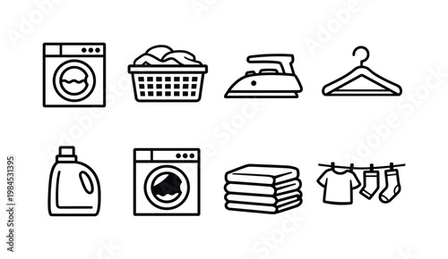 Laundry and clothing care: washing machine, laundry basket, iron, hanger, detergent bottle, dryer, folded clothes stack, clothesline.