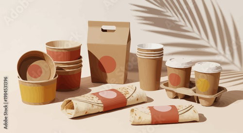 Eco-friendly disposable food packaging and takeaway containers with brandable circular logo