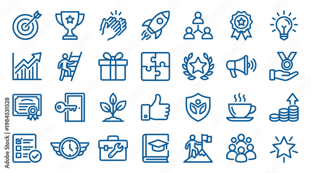Fototapeta premium Set of business success icons representing growth achievement strategy teamwork and goals on white background