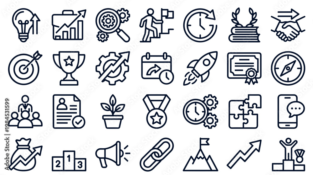 Naklejka premium Collection of business and success icons representing growth strategy startup achievement and teamwork in a modern flat design style