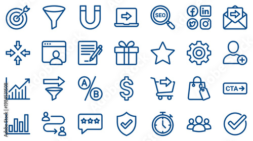 Set of marketing and business strategy icons representing growth analytics sales funnel lead generation customer engagement and digital advertising concepts