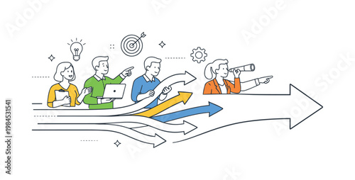 A structured direction alignment scenario where a team ensures all efforts are moving toward the same objective during execution, built around a visual metaphor of