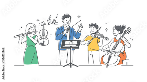 An orchestra performance scenario where musicians play together in harmony during a formal concert setting, shown through a small group interacting near a simple music