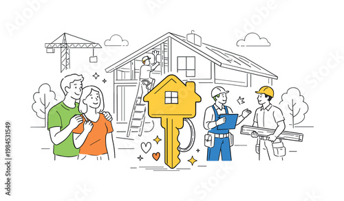 Home building lifestyle illustration featuring a couple and professional workers developing a modern family residence, with a partially built house and a prominent key