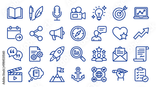 Collection of modern flat line icons representing business strategy planning communication and success elements