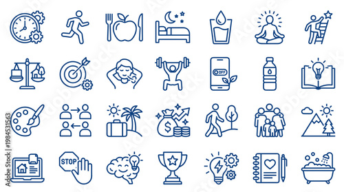 Collection of modern line art icons representing health wellness lifestyle and self care concepts like fitness nutrition sleep meditation and success