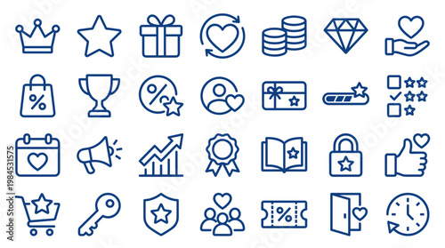 Collection of loyalty program icons representing rewards, points, gifts, customer satisfaction, and business growth concepts in a clean outline style