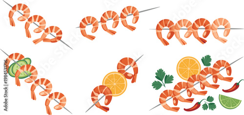 Delicious Grilled Shrimp Skewers Vector Set Featuring Fresh Prawns With Lemon Lime Chili And Herbs For Seafood Restaurant Menu Design