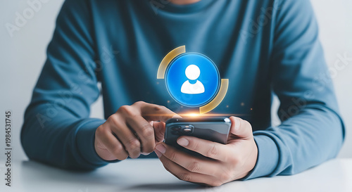 Person holding smartphone, managing digital user profile and online account synchronization with secure network access