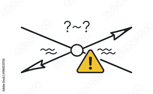 Race condition and unpredictable execution order in concurrent system processes causing inconsistent results, two simple arrows crossing toward a shared node with a small