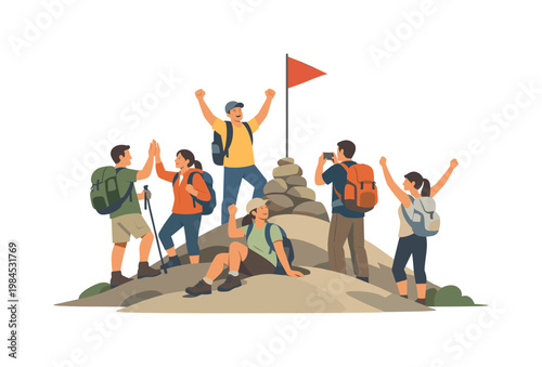 A group of hikers reaching a destination point after a steady climb, representing achievement and collective effort in outdoor activity, visual metaphor of multiple
