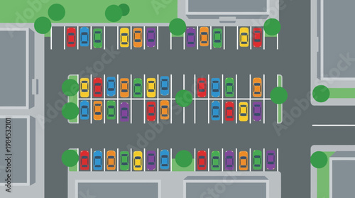 Aerial view of a colorful parking lot.