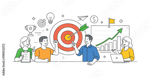 A performance tracking and goal achievement scene showing a small team reviewing outcomes around a large target and a progress chart, using a clear visual metaphor of