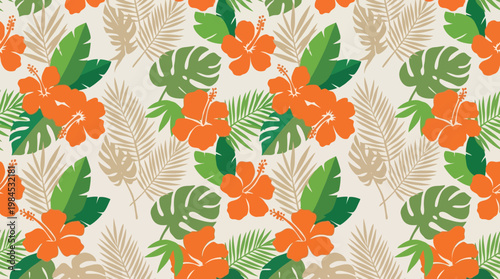 Vibrant floral pattern with tropical leaves and flowers.