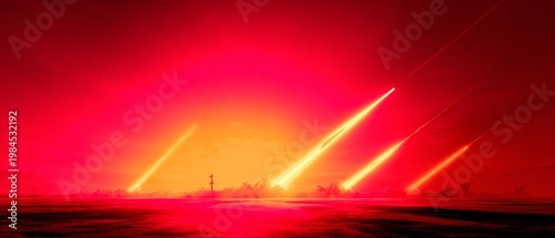 Strategic tensions at sundown: a symbol of global power dynamics. Futuristic design. Missiles in the twilight: intensified sky and national symbols. Cinematic glow. Bold contrast.