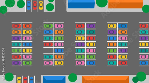 Aerial view of a colorful parking lot with many cars and trees.