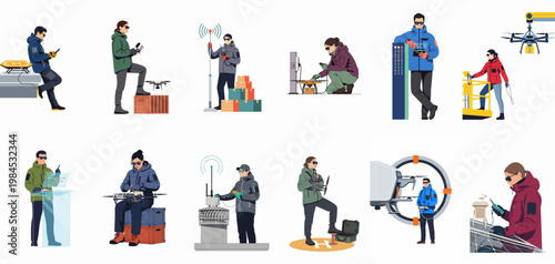 Collection of professional drone operators and technicians in a flat vector style, illustrating industrial applications like maintenance, delivery, and remote control.