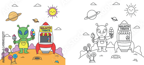 Coloring Page for Kids Featuring a Cute Alien Selling Ice Cream at a Galactic Treats Rocket Stand in Outer Space