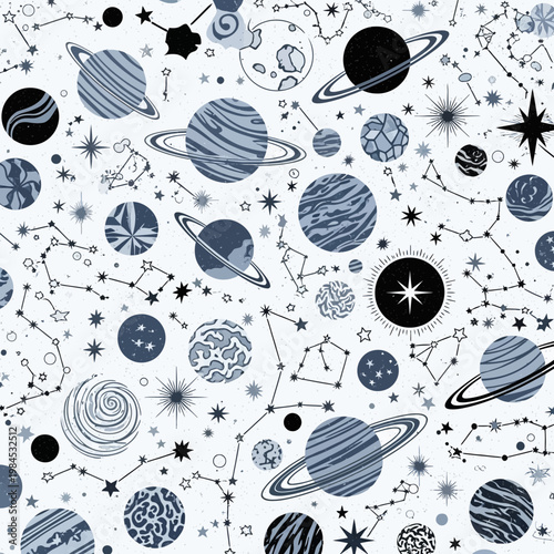 A seamless pattern of celestial bodies and stars in space.