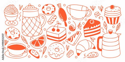 A collection of hand drawn desserts and drinks in a single color