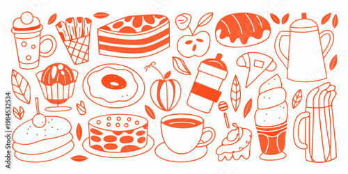 A colorful doodle illustration featuring various breakfast and dessert items