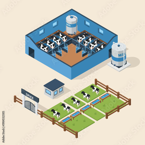 Dairy Farm with Cows and Storage Tanks.