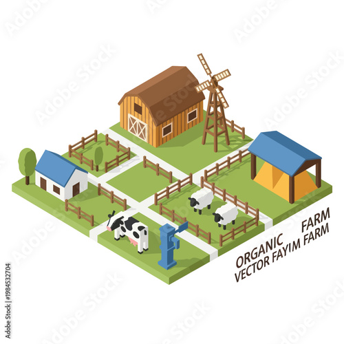 Organic Farm Scene with Animals and Buildings.