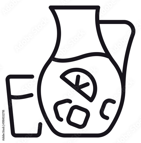 Minimalist black line vector icon of a pitcher of lemonade with ice cubes and a lemon slice next to a drinking glass, refreshing summer beverage illustration isolated on white background.