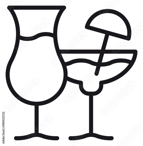 Black vector icon illustration of two tropical cocktail glasses, featuring a margarita with an umbrella and a hurricane glass, minimalist line art symbol for bar, party, and summer vacation.