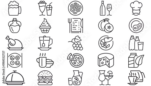 25 Food and Drink Vector Icon Set, Minimalist Black Line Art Collection Featuring Restaurant Menu, Pizza, Burger, Sushi, Steak, Wine, Beer, Coffee, Chef, Fruit, and Kitchen Symbols for UI Design.