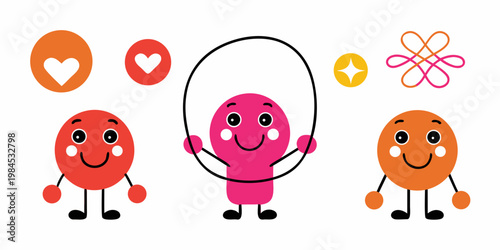 Colorful cartoon characters with a jump rope and heart shapes