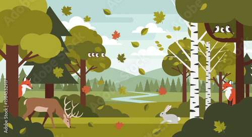 Autumn Forest Scene with Deer and Rabbit.