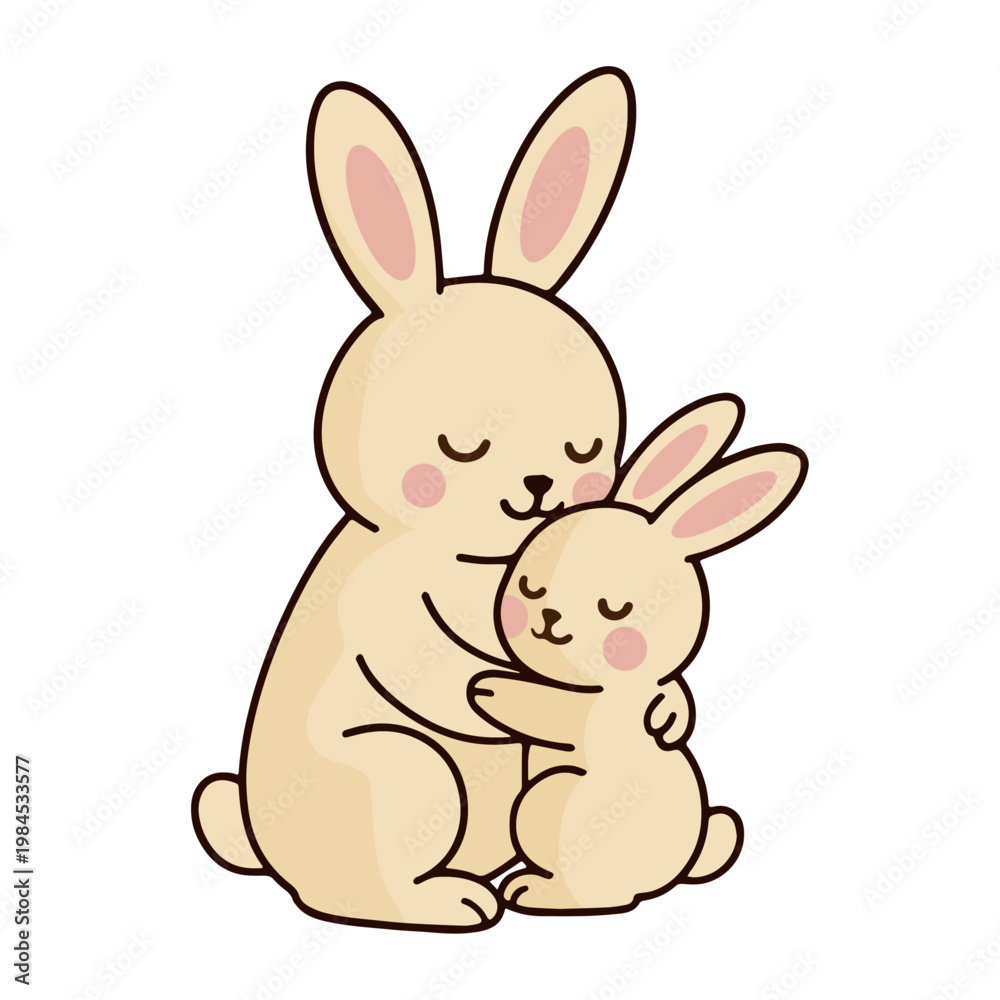 Fototapeta premium Kawaii Mother and Baby Bunny Hugging