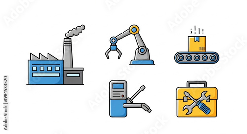 Industrial Icons Set Factory Robot Conveyor Tool Box.