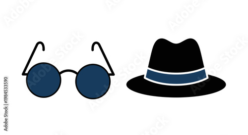 Minimalist Illustration of Eyeglasses and a Fedora Hat on a White Background