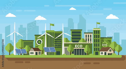 Eco friendly city with renewable energy sources illustration.